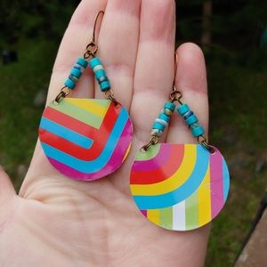 Upcycled Rainbow Tin & Turquoise Earrings Issabeau Jewelry Artisan Handmade
